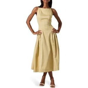 Astr High Neck Open Back Midi Dress in Light Khaki